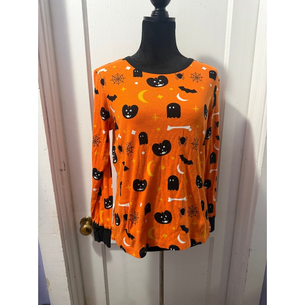 Womens Orange Halloween Graphic Long Sleeve Lounge Top Medium Pumpkin Ghost Bat